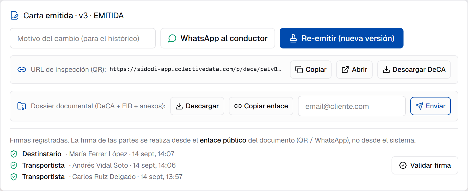 Barra del documento en SIDODI con la carta emitida en su versión 3, la URL de inspección, la descarga del DeCA, el dossier y las firmas registradas del destinatario y de dos transportistas con fecha y hora.
