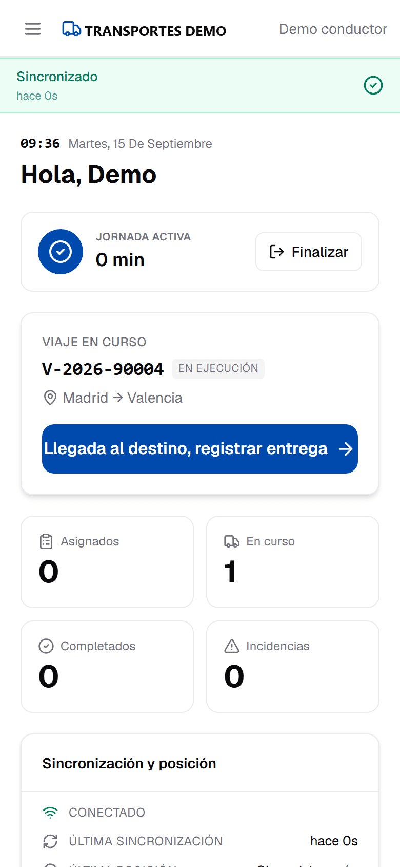 Inicio de la app del conductor con jornada activa, viaje en curso y contadores de viajes asignados, en curso, completados e incidencias.