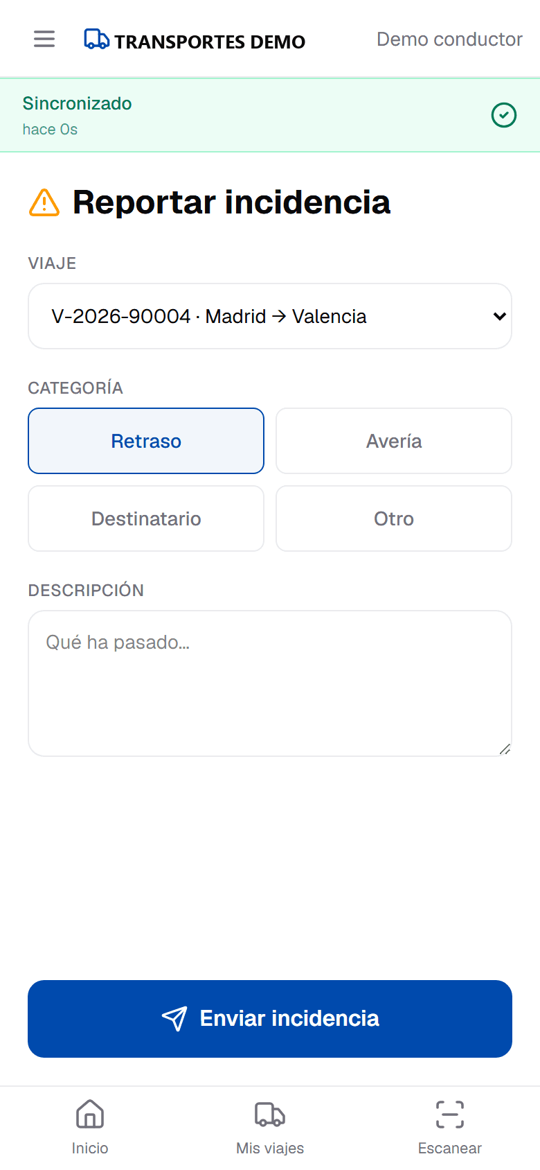 Reportar incidencia en la app del conductor: viaje, categoría (retraso, avería, destinatario, otro) y descripción.