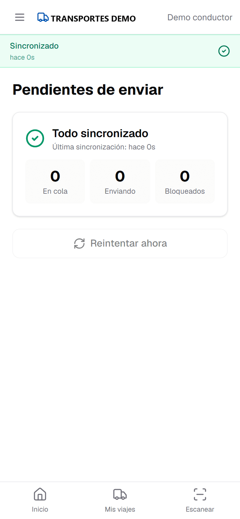Pantalla de pendientes de enviar en la app del conductor: todo sincronizado, sin elementos en cola, enviando ni bloqueados.