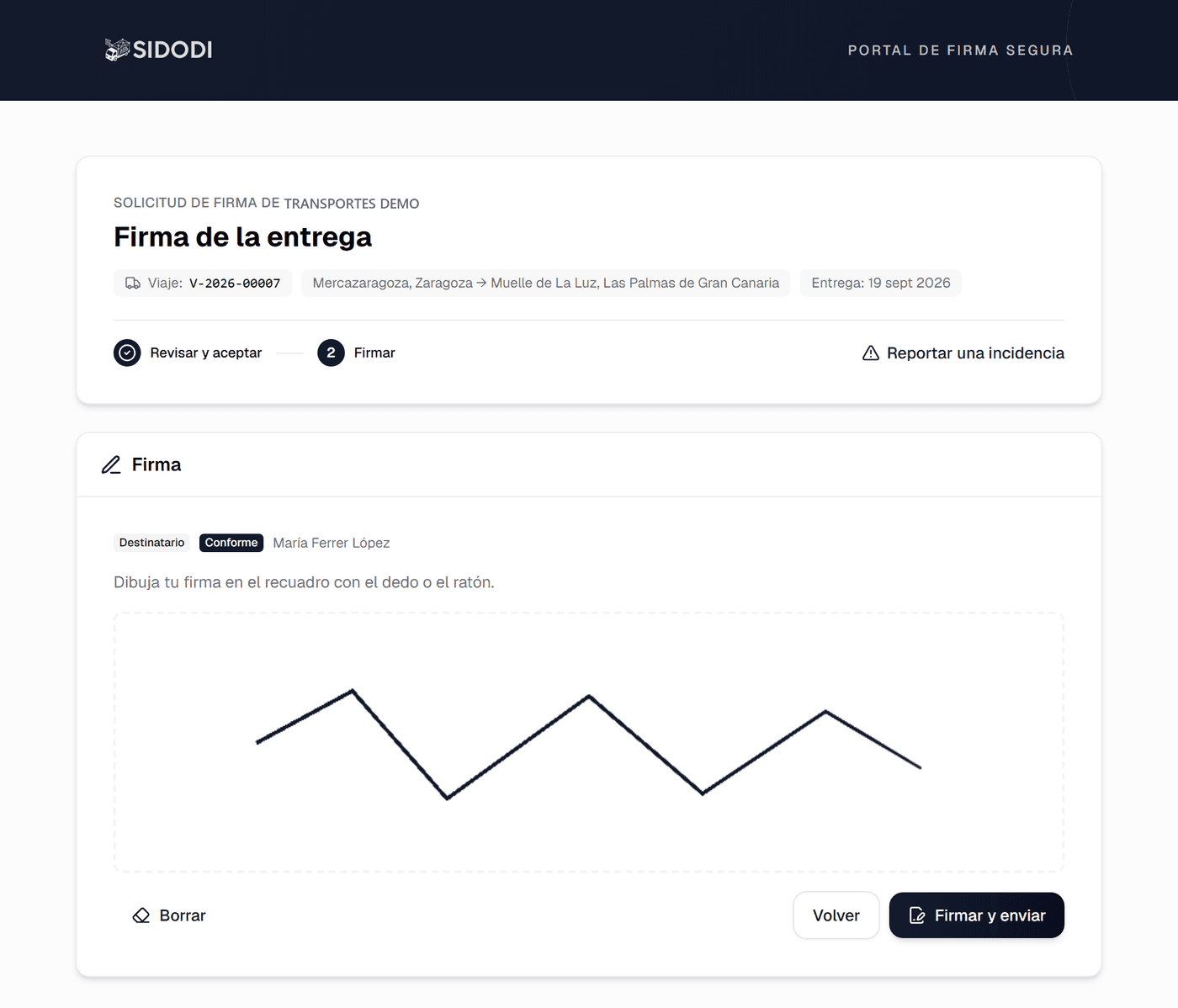 Portal de firma segura de SIDODI para la firma de la entrega por el destinatario, sin necesidad de cuenta.