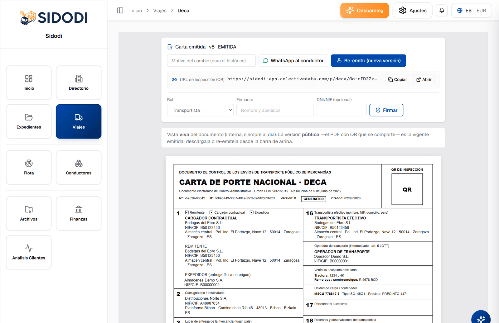 DeCA de un viaje en SIDODI: carta emitida en su versión 8, URL de inspección del QR, reemisión con motivo y documento de control con las casillas de cargador contractual, transportista efectivo, operador de transporte, vehículos y unidad de carga.