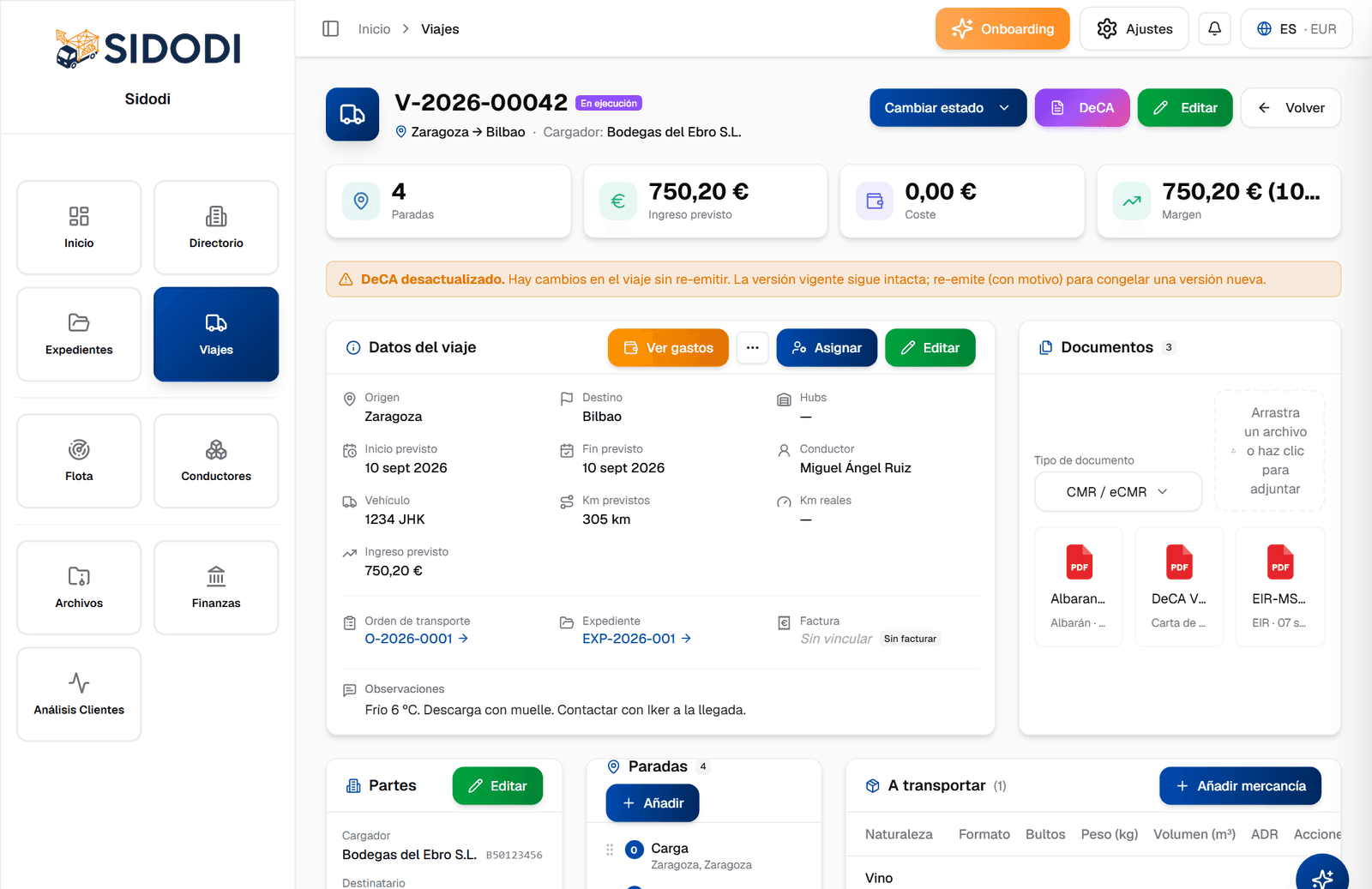 Ficha de un viaje en SIDODI con paradas, ingreso previsto, partes, mercancía y documentos adjuntos, entre ellos el DeCA.